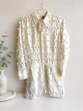 NWT ST. Studio White Textured Fringe Long Sleeve Collared Boho Playsuit-Size 8